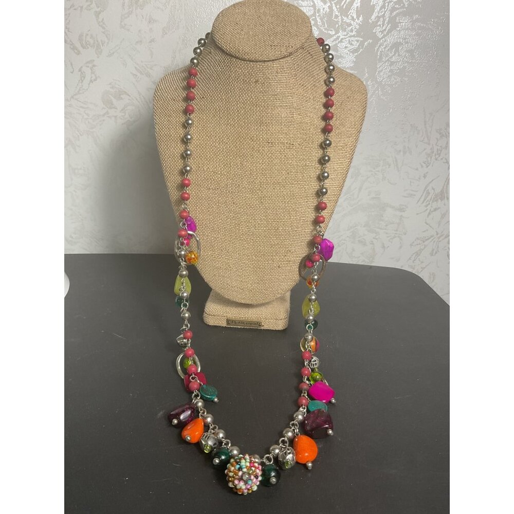 Colorful Beaded Necklace With Metal Balls & Lobster Clasp